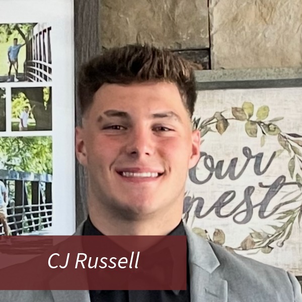 Headshot of a boy with dark hair. Text reading: CJ Russell.