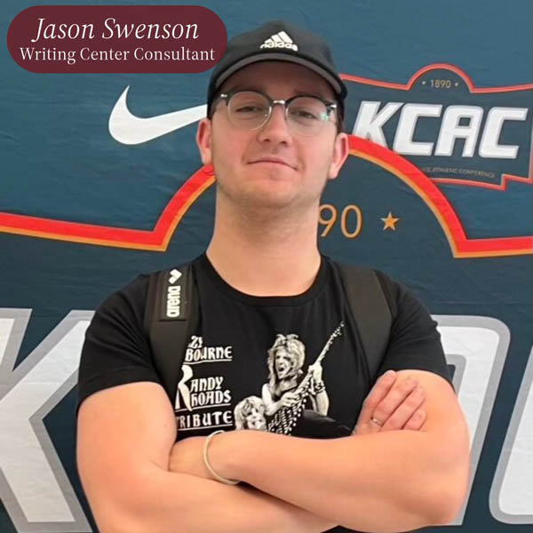 Picture of a boy in an Adidas hat and glasses. Text reading: Jason Swenson, Writing Center Consultant.