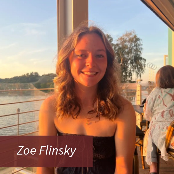 Picture of a girl with shoulder length, blonde hair, outside. Text reading: Zoe Flinsky