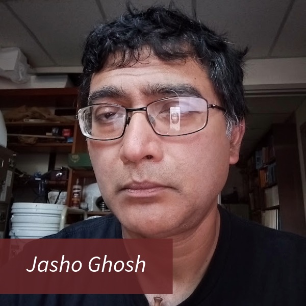 Headshot of a man with short, dark hair and glasses in front of a gray background. Text reading: Jasho Ghosh, Writing Center Consultant, Faculty Liaison.