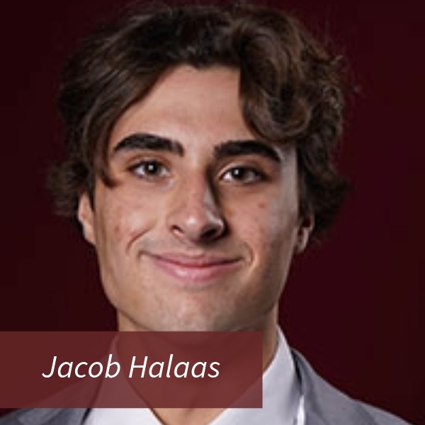 Headshot of a boy with dark hair in front of a maroon background. Text reading: Jacob Halaas, Writing Center Consultant, Task Force: Commnuications Duo.
