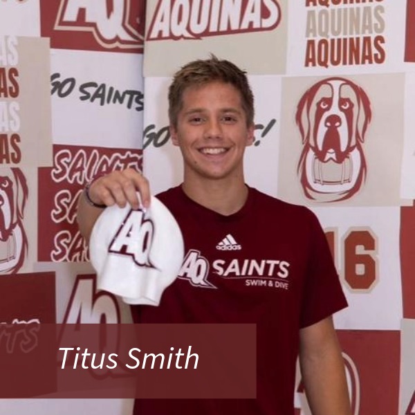 Picture of a boy in an AQ Swim and Dive shirt, holding up a swim cap. Text reading: Titus Smith, Writing Center Consultant.