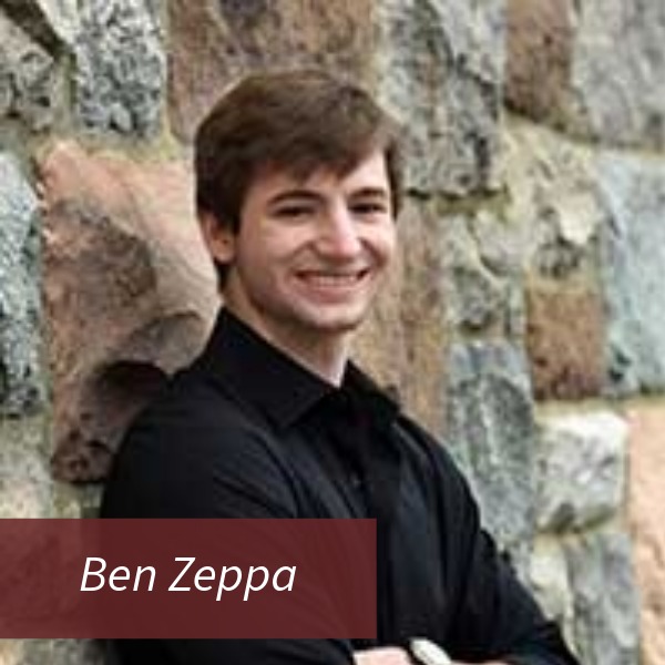 Photo of a boy with brown hair, leaning against a stone wall. Text reading: Ben Zeppa, Writing Center Consultant.