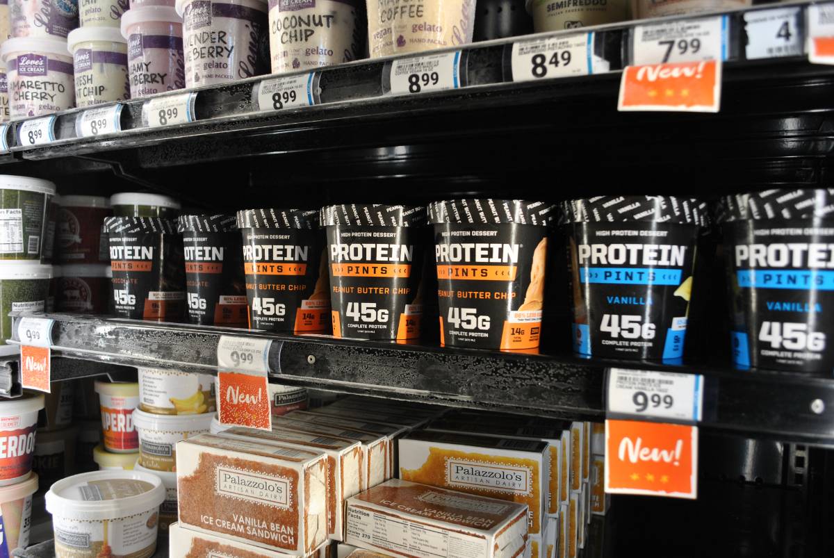 Protein Pints on the shelf at Bridge Street Market in a freezer