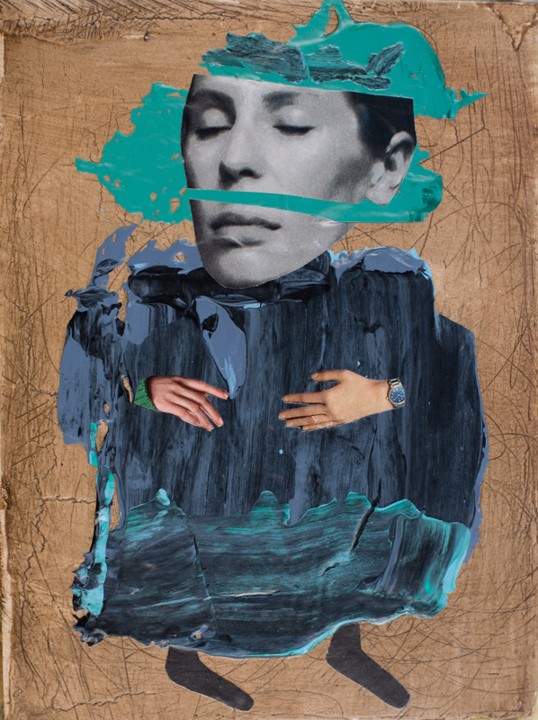 Collage style artwork featuring the face of a woman on a blocky painted body