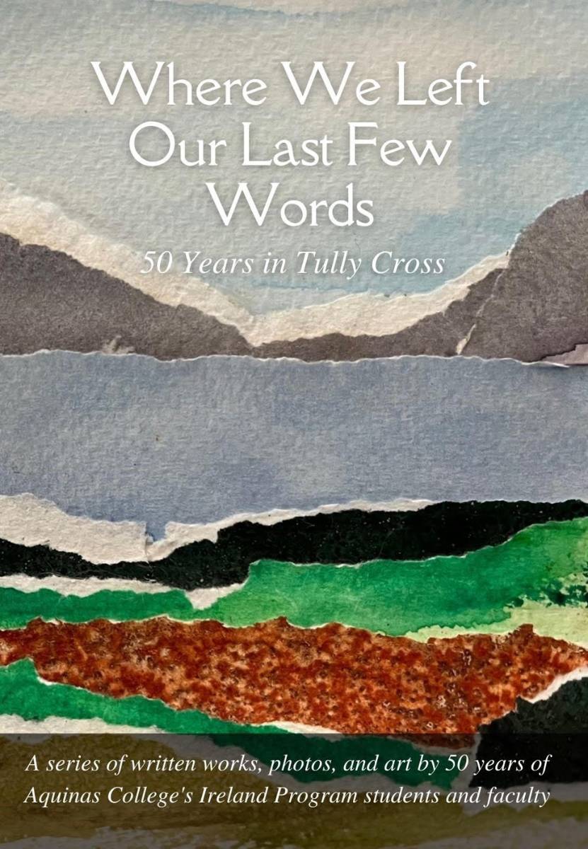 Book Cover for Where We Left our Last Few Words featuring an art piece of a landscape made from torn paper