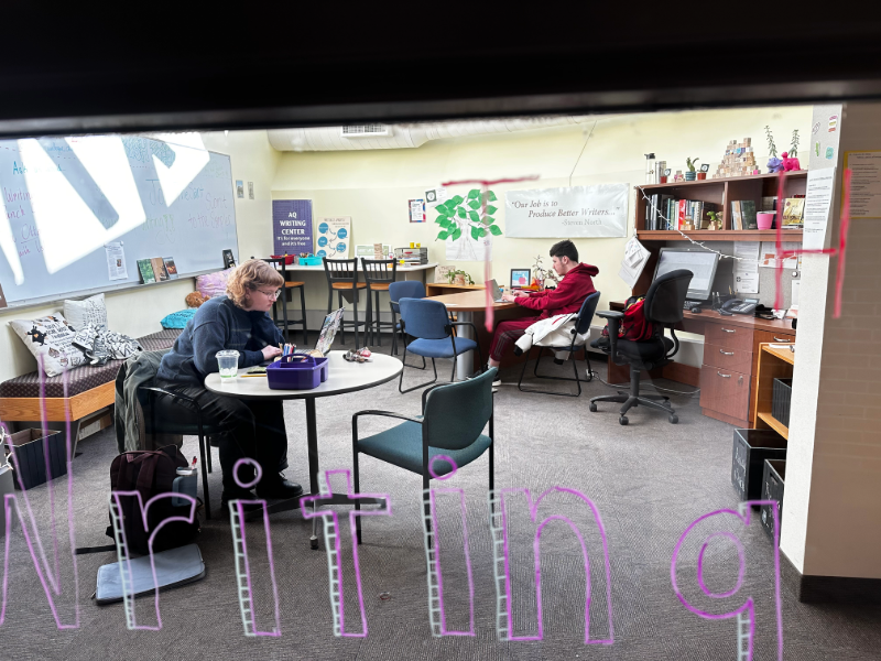 Image of a photo taken through the window of the Writing Center. Inside is a room with two students working on laptops.